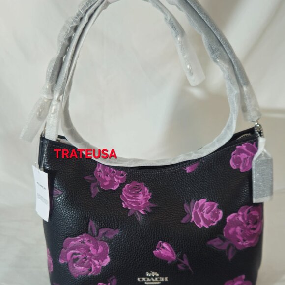 Laurel Shoulder Bag With Floral Print  CCE26 Black Purple Authentic - Picture 1 of 16